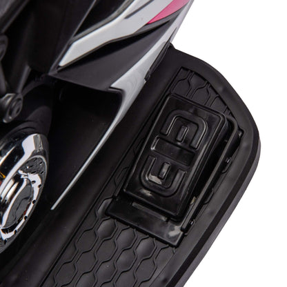 Close-up of a motorcycle's foot peg with a brand logo on a white background