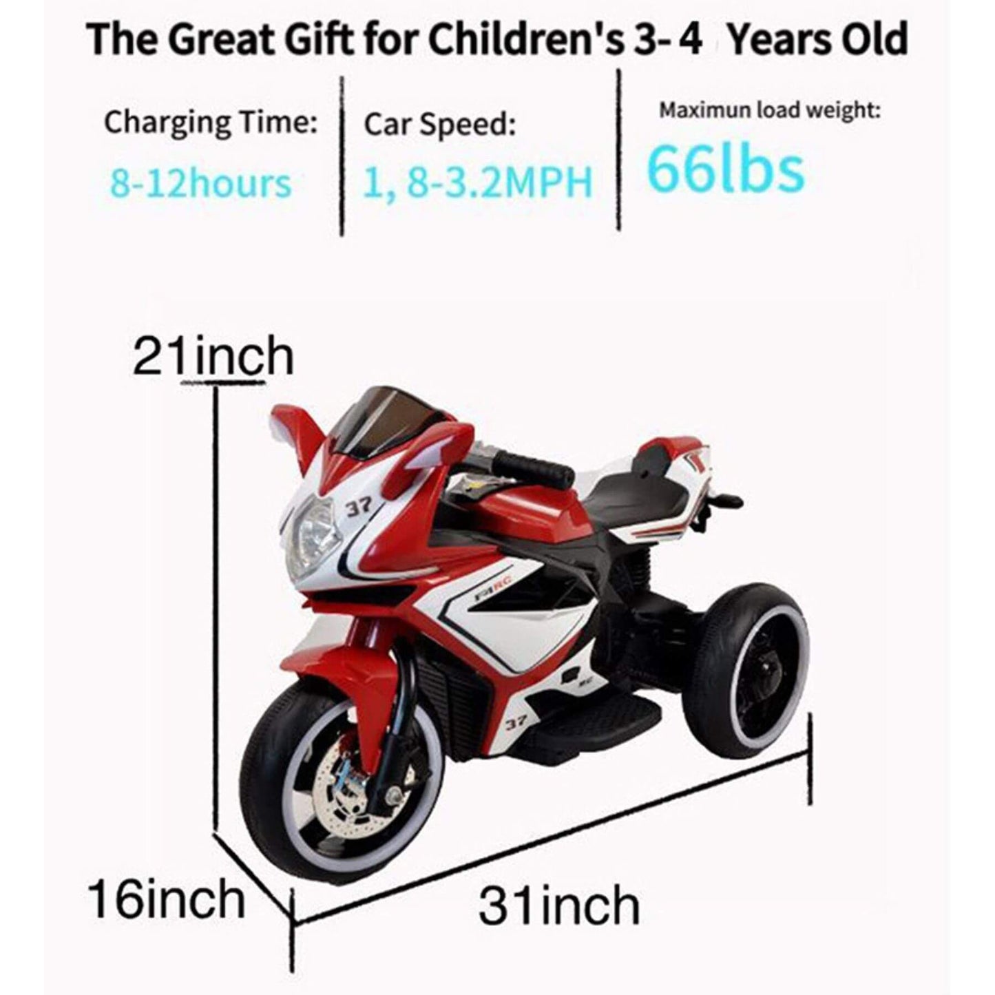 Tamco 6V Kids Electric Motorcycle - Red with specifications on a white background