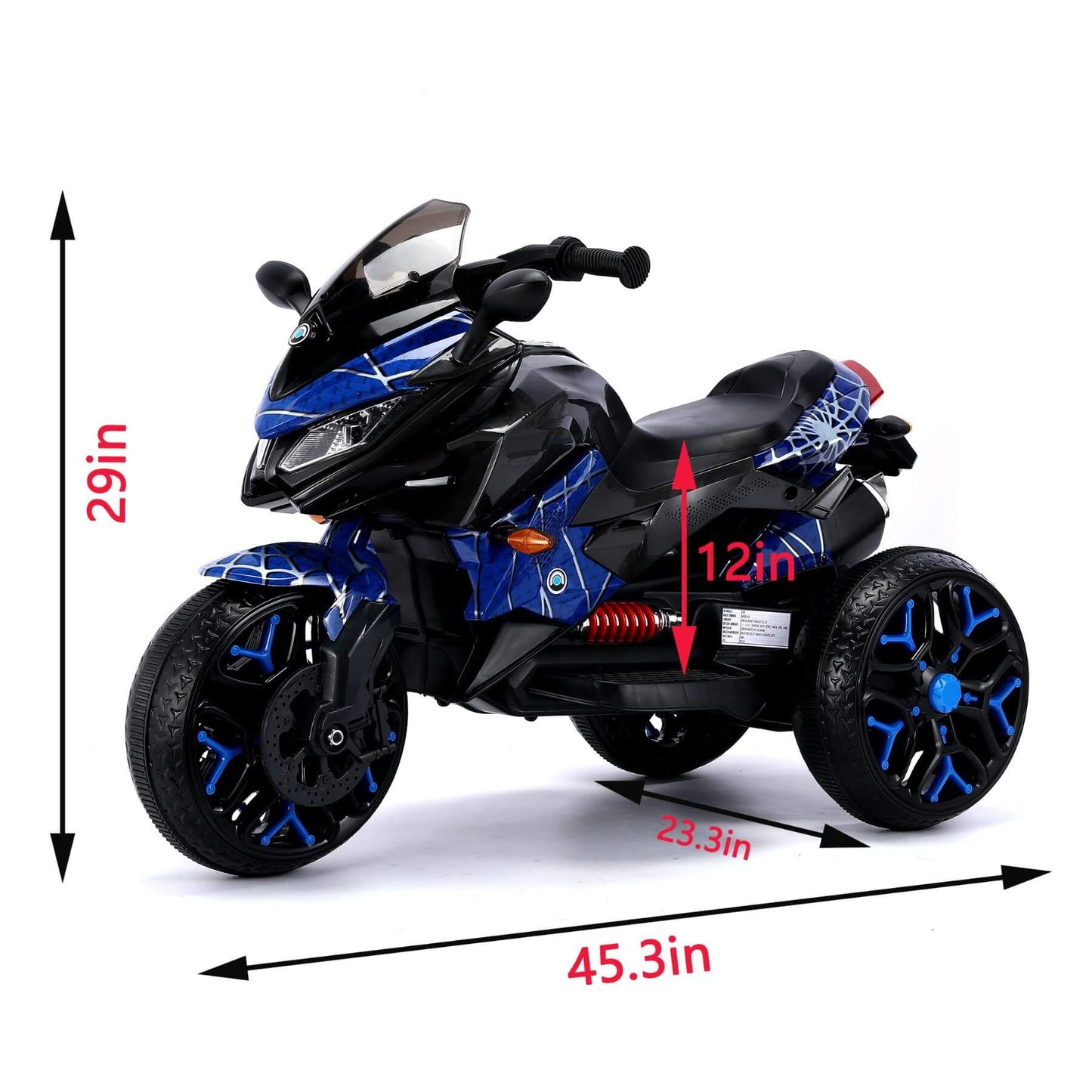 Tamco Kids Motorcycle Ride-On 3-Wheels Motorbike - Blue with measurements on a white background