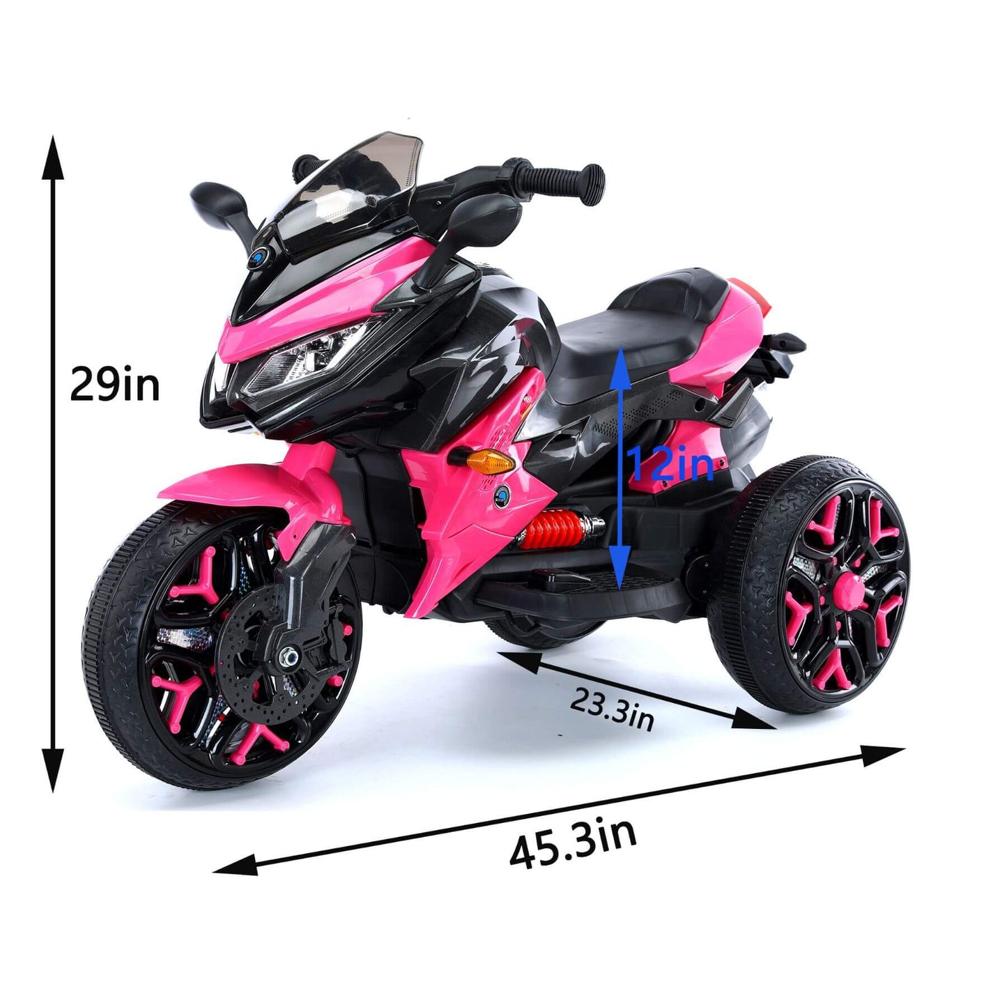 Tamco Kids Motorcycle Ride-On 3-Wheels Battery Powered Motorbike, Pink with dimensions indicated on a white background