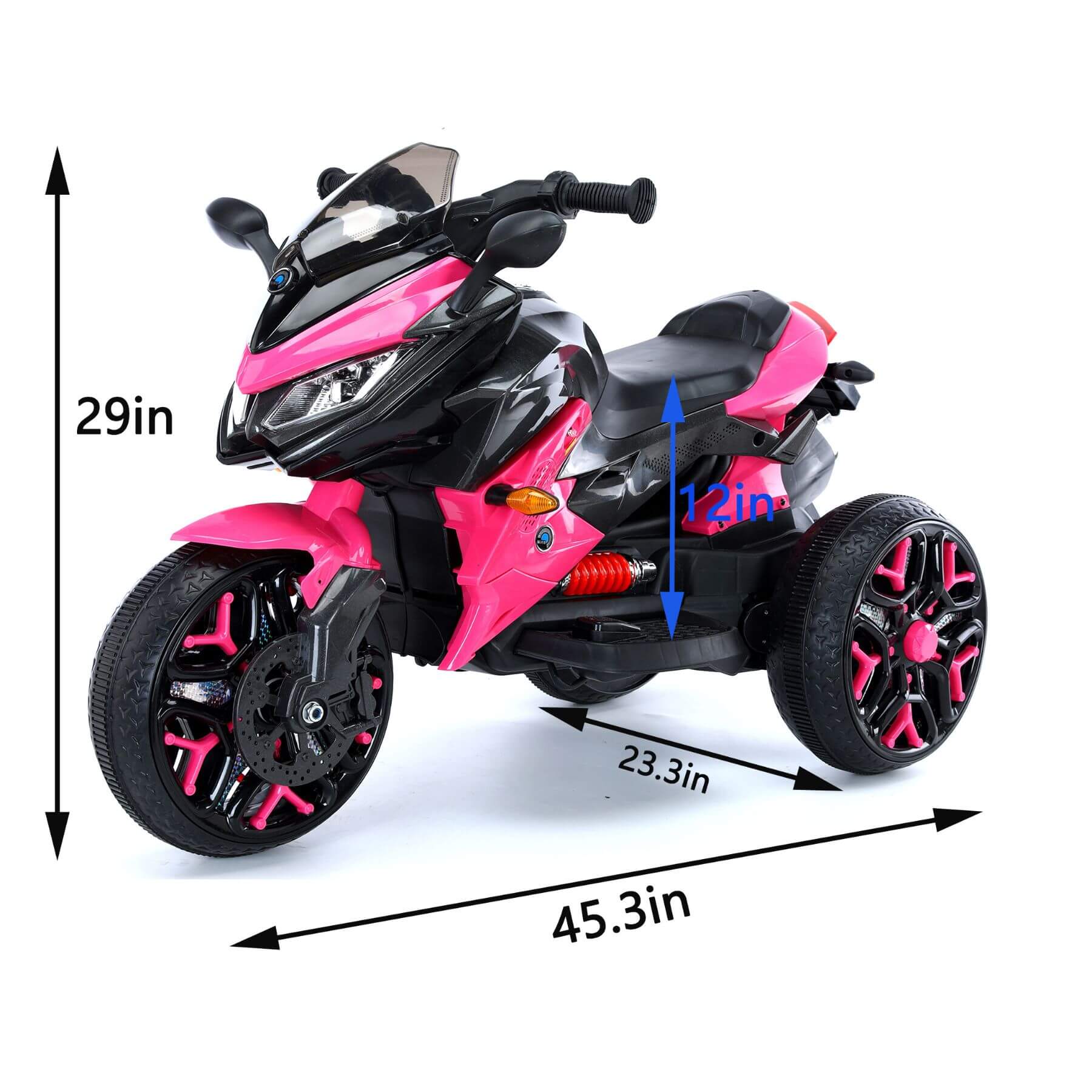 Tamco Kids Motorcycle Ride-On 3-Wheels Battery Powered Motorbike, Pink with dimensions indicated on a white background