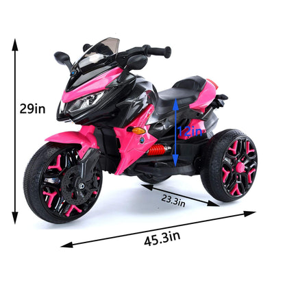 Tamco Kids Motorcycle Ride-On 3-Wheels Battery Powered Motorbike, Pink with dimensions indicated on a white background