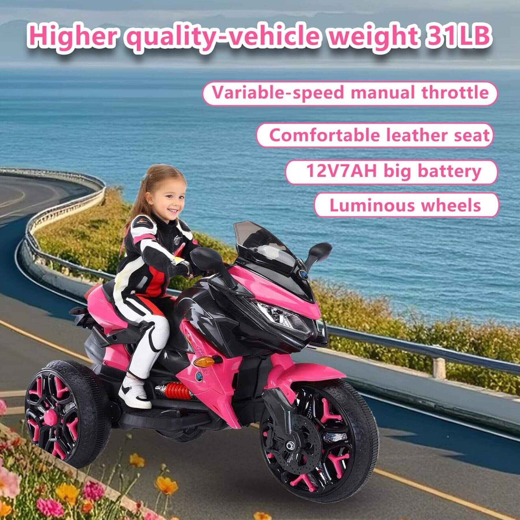 Child on a pink and black toy motorcycle with scenic background