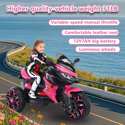 Child on a pink and black toy motorcycle with scenic background