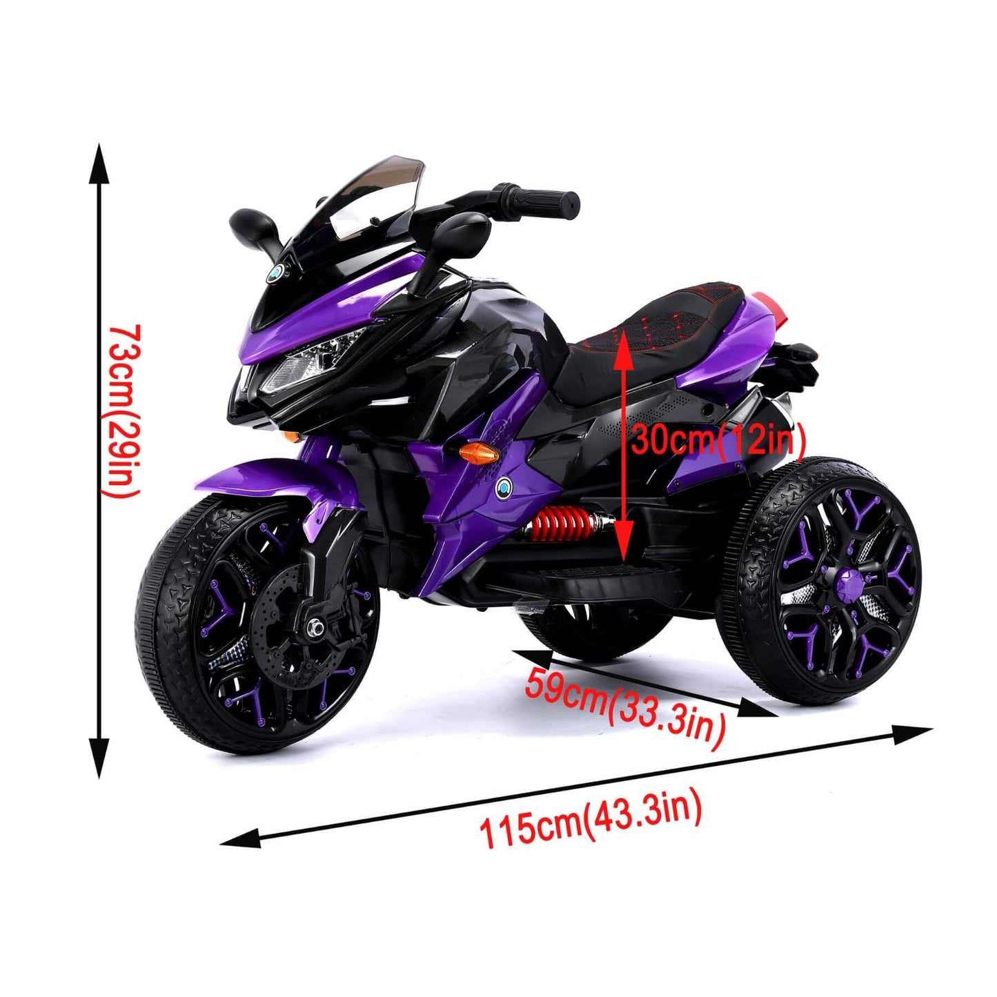 Tamco Kids Motorcycle Ride-On 3-Wheels - Purple with measurements on a white background