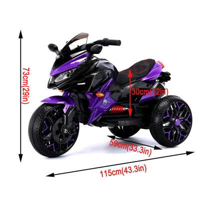 Tamco Kids Motorcycle Ride-On 3-Wheels - Purple with measurements on a white background