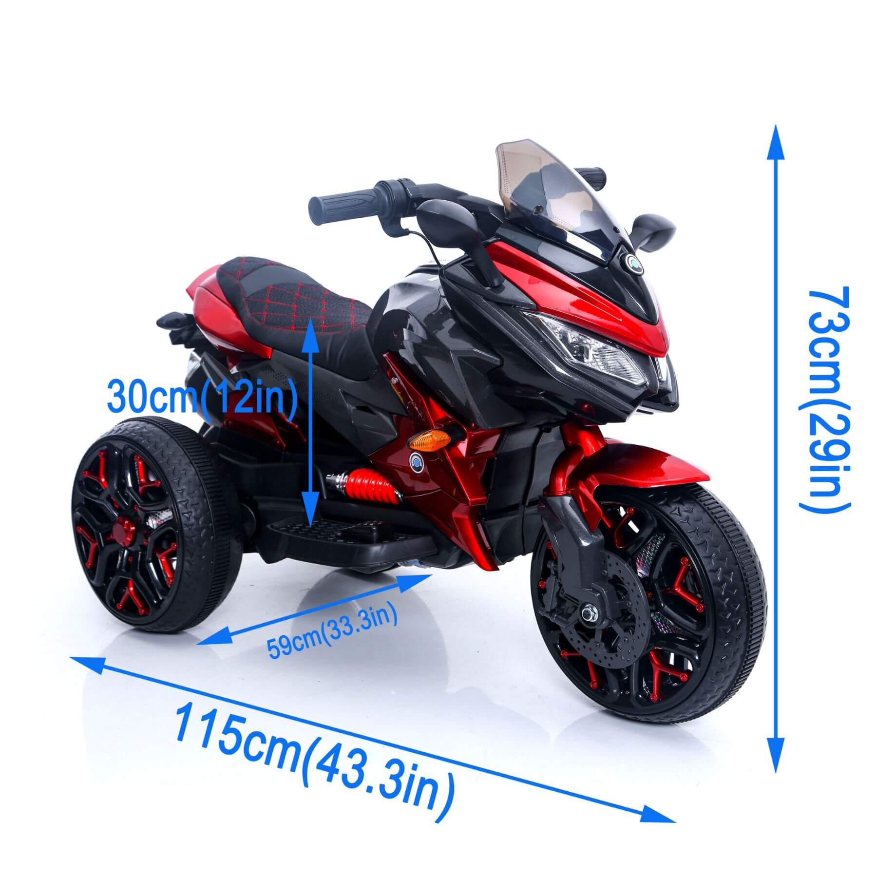 Tamco Kids Motorcycle Ride-On 3-Wheels - Red with measurements on a white background