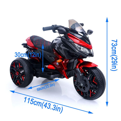 Tamco Kids Motorcycle Ride-On 3-Wheels - Red with measurements on a white background