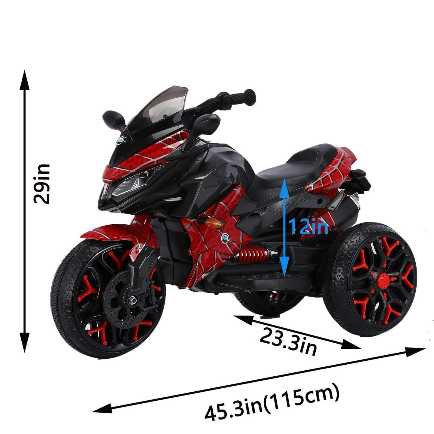 Tamco Kids Motorcycle Ride-On 3-Wheels Motorbike - Red with measurements on a white background