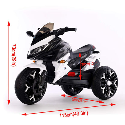 Measurement chart of a toy motorcycle with dimensions indicated.