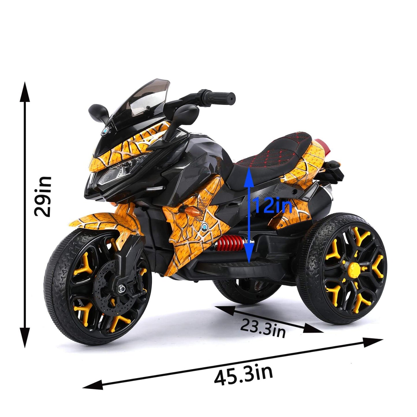 Tamco Kids Motorcycle Ride-On 3-Wheels Motorbike - Yellow with dimensions indicated on a white background
