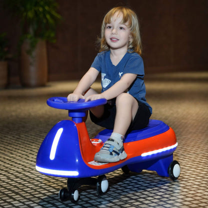 Child sitting on Tamco 12V Battery Electric Twist Car on a patterned floor.