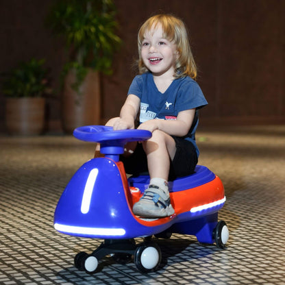 Child sitting on Tamco 12V Battery Electric Twist Car with a blurred background