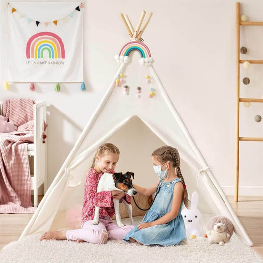 Girls & Dog Playing inside Tiny Land® Teepee for Kids with Mat