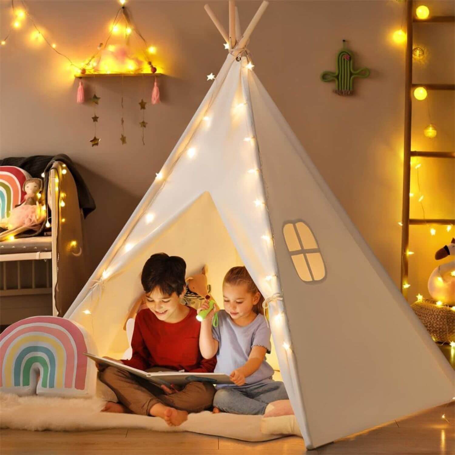 Kids Reading inside Tiny Land® Teepee for Kids with Mat