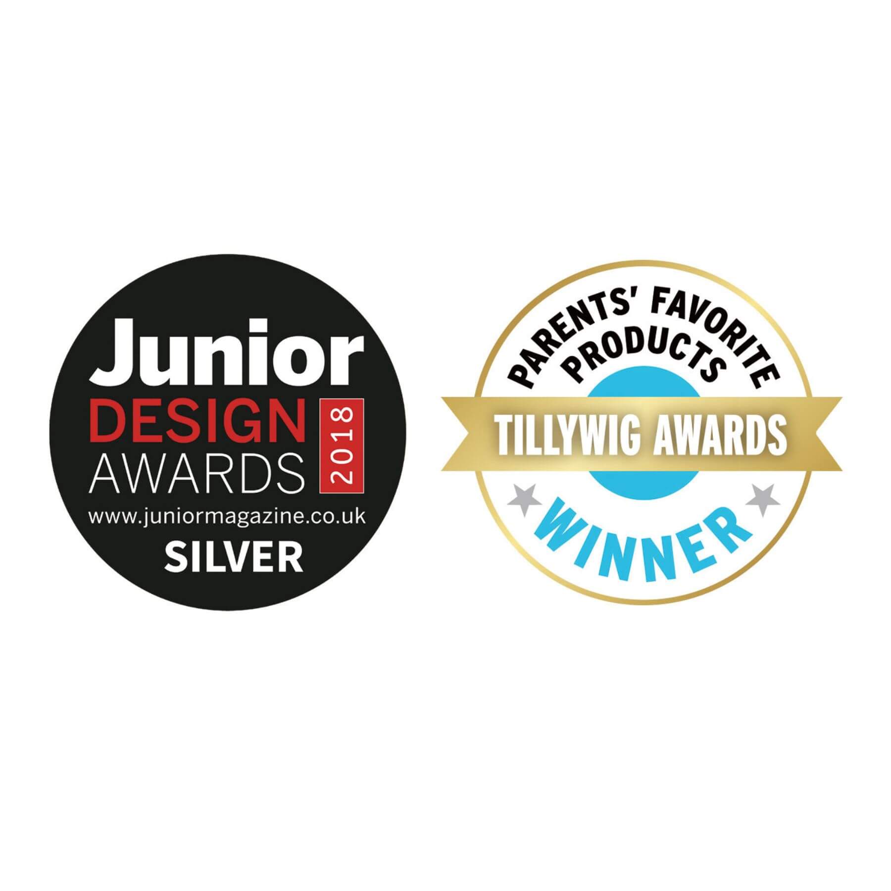 Two award logos on a white background: Junior Design Awards 2018 Silver and Tillywigg Awards Winner.