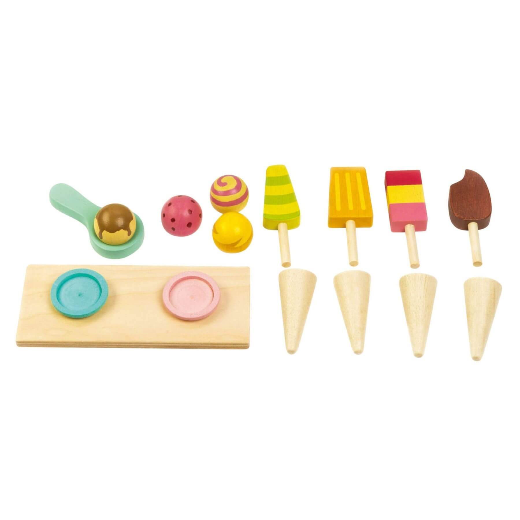 Set of wooden ice cream toys on a white background