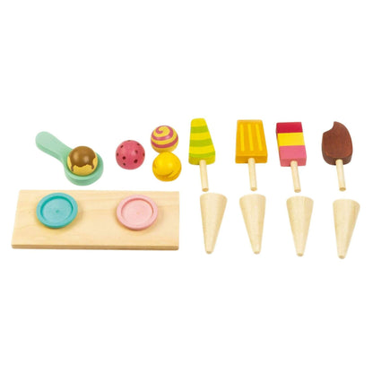Set of wooden ice cream toys on a white background