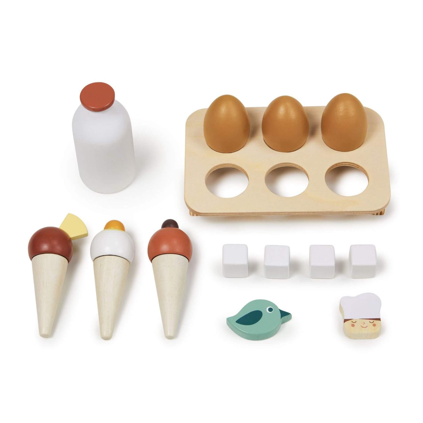 Collection of wooden toys including ice cream cones, eggs, and blocks on a white background