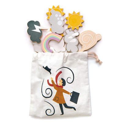 Set of wooden weather-themed toys with a drawstring bag featuring a design on a white background