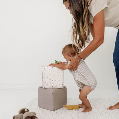 Woman assisting baby playing Toki Kids Terrazzo Chalk Play Cube