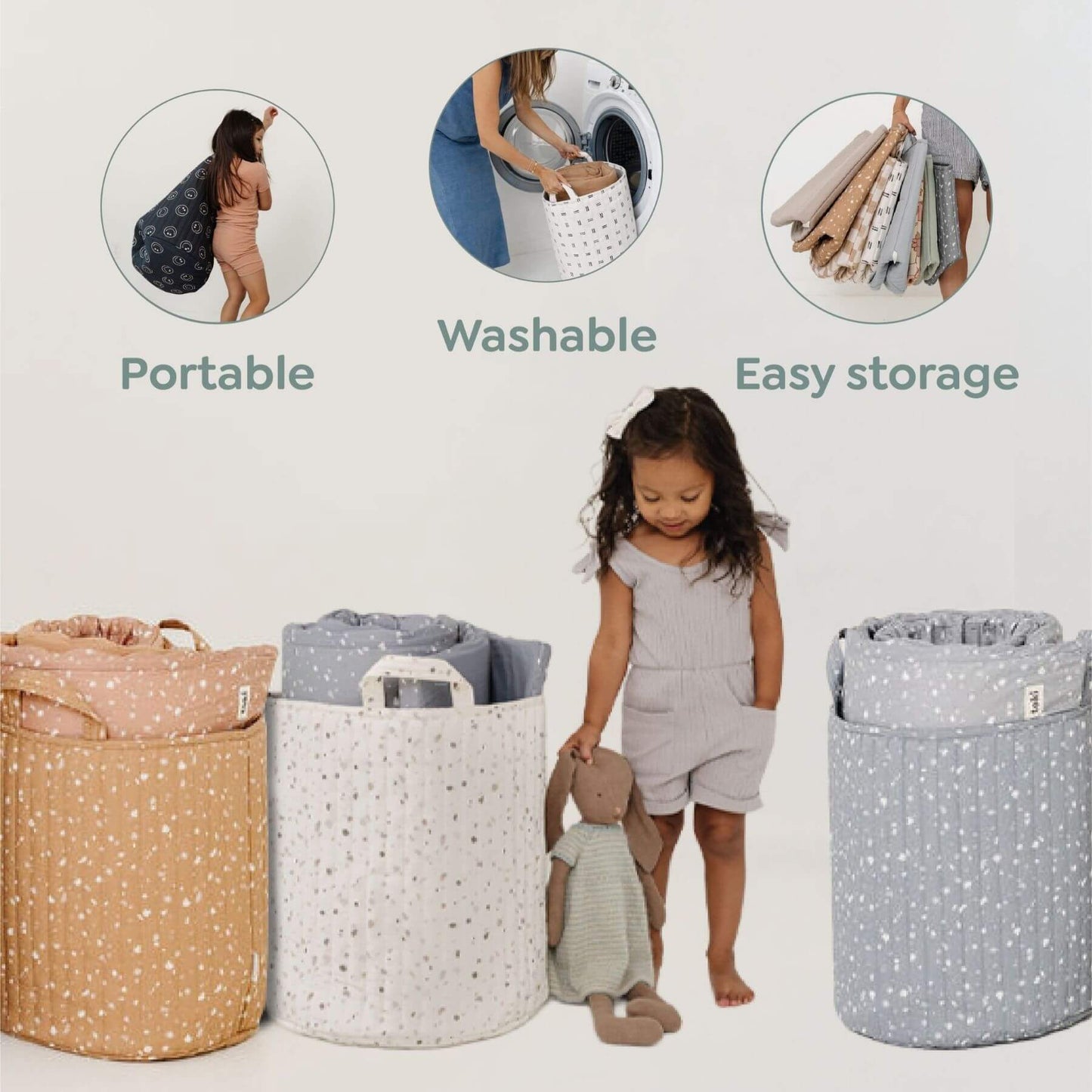 Girl standing next to Toki Kids Terrazzo Storage Baskets