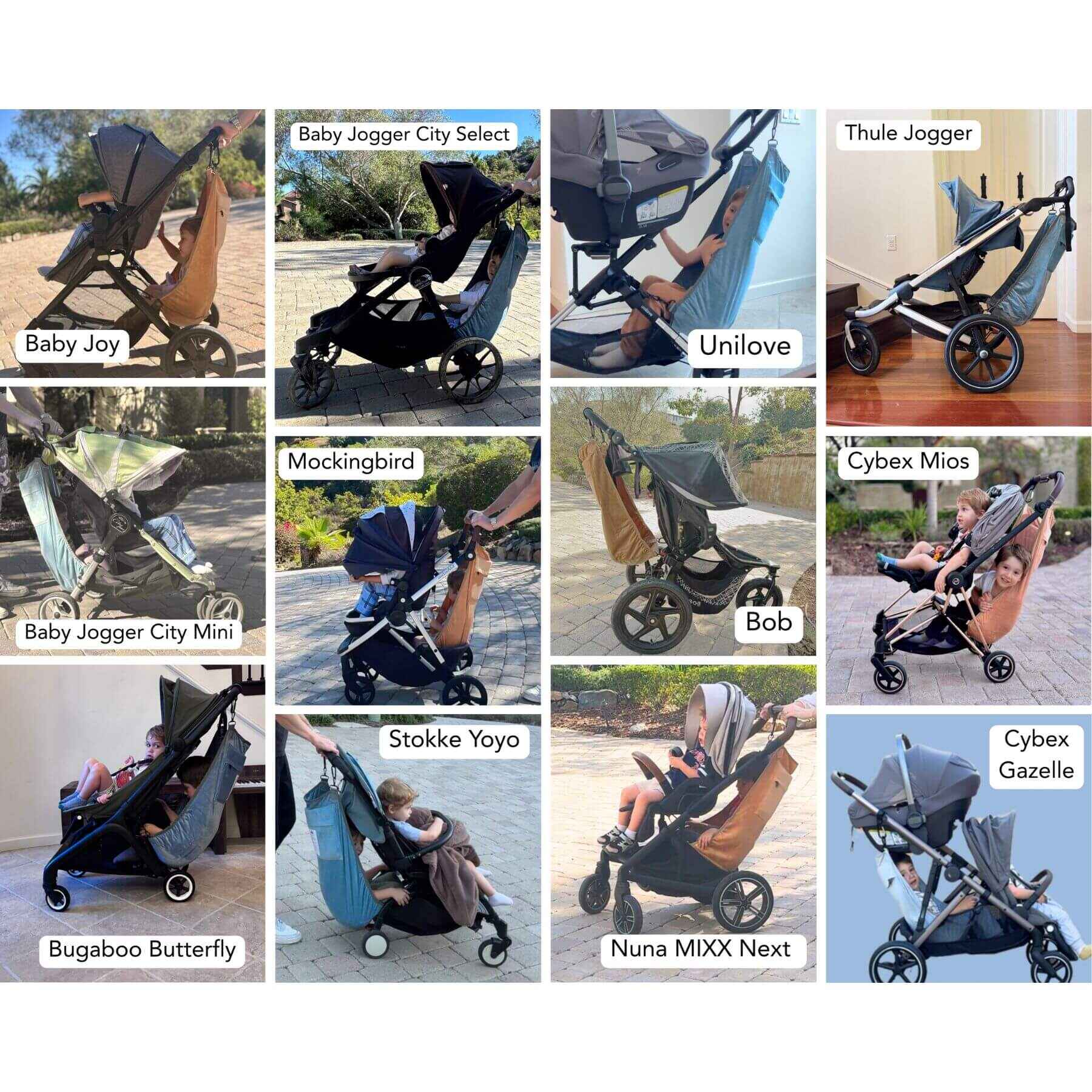 Collage of various strollers with brand names displayed below each.