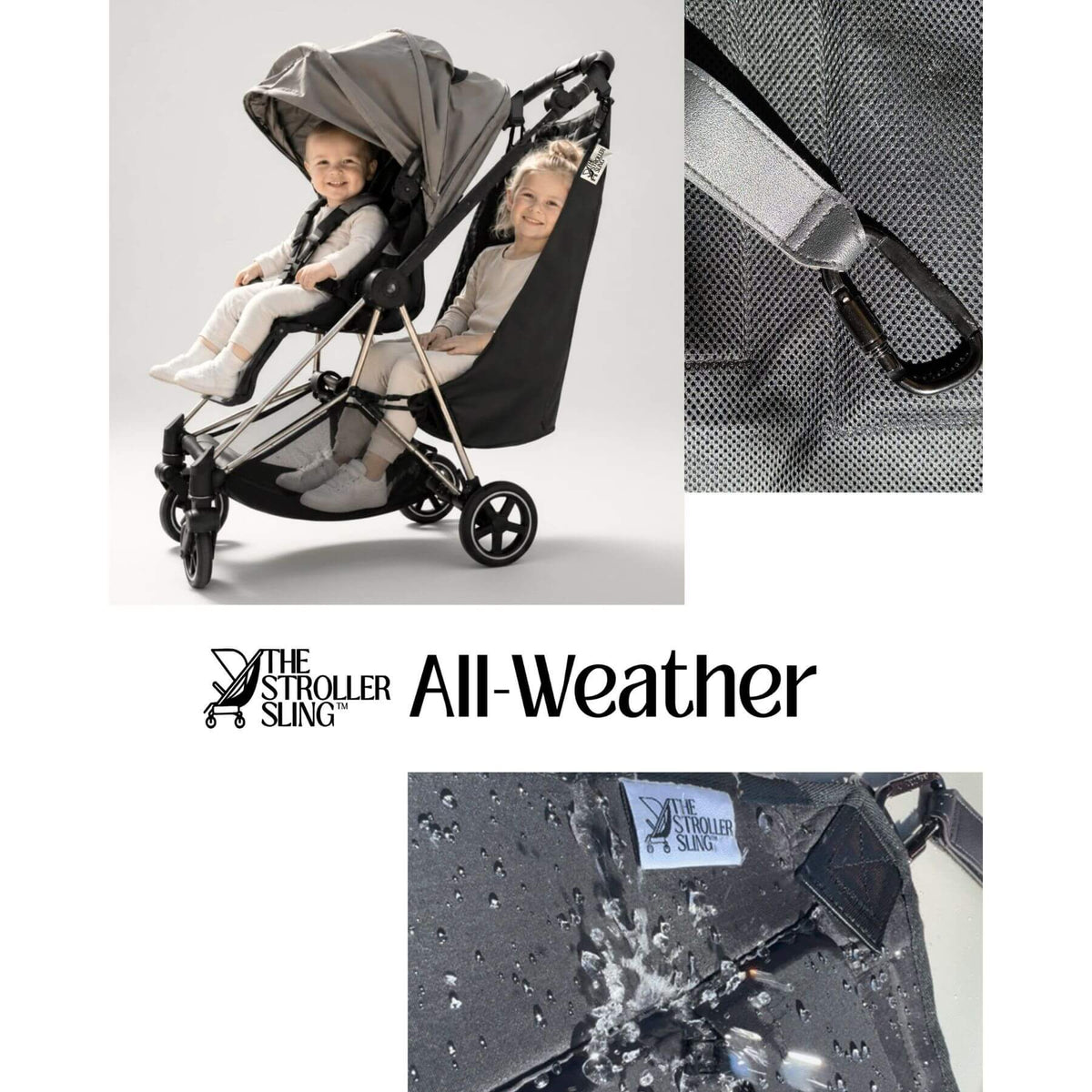 The Stroller with The Stroller Sling - All Weather with two children inside, plus close-up detail shots of the mesh canopy and waterproof fabric, on a white background with the brand name and 'All-Weather' text.