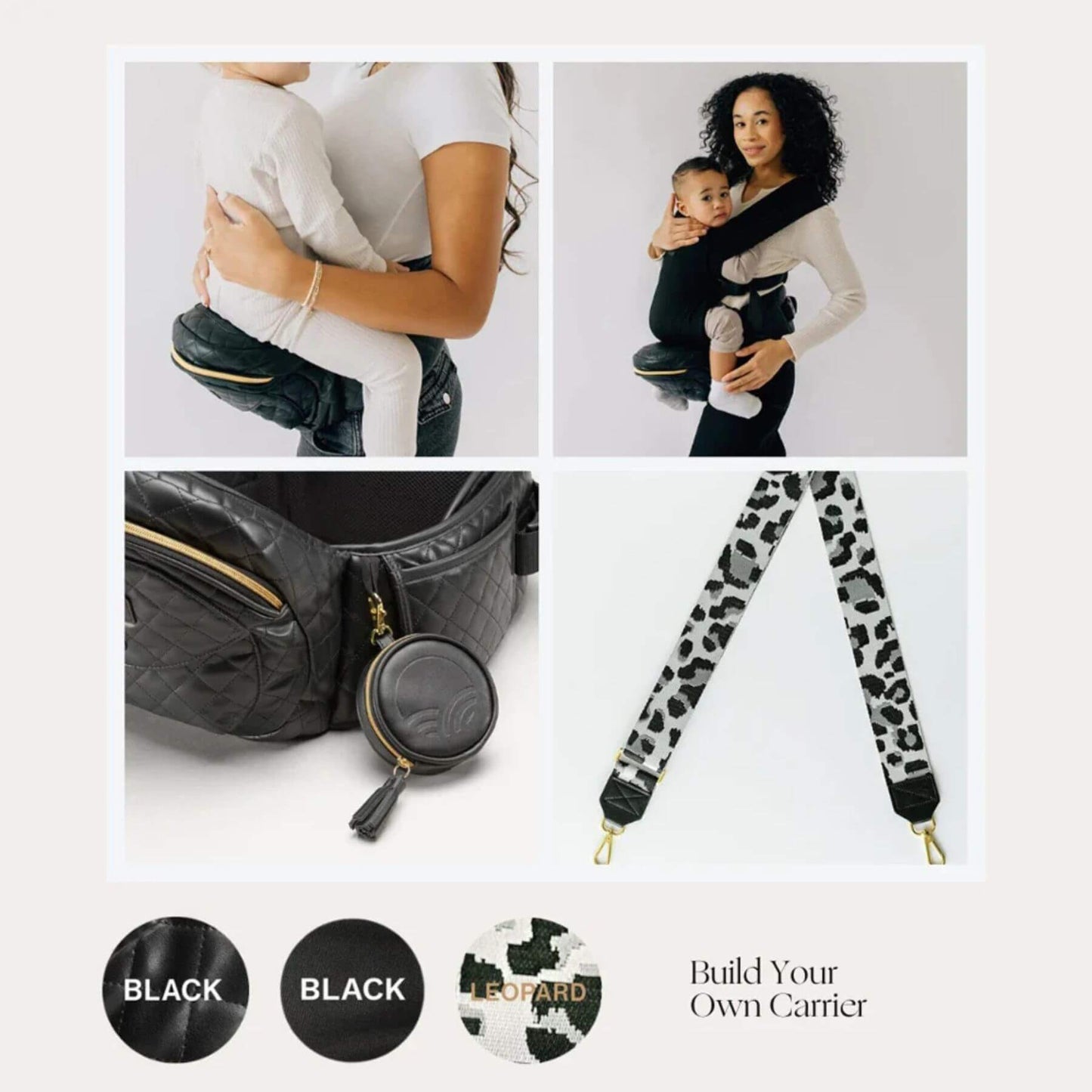 Collage of a baby carrier, baby, and accessories with options for color and pattern.