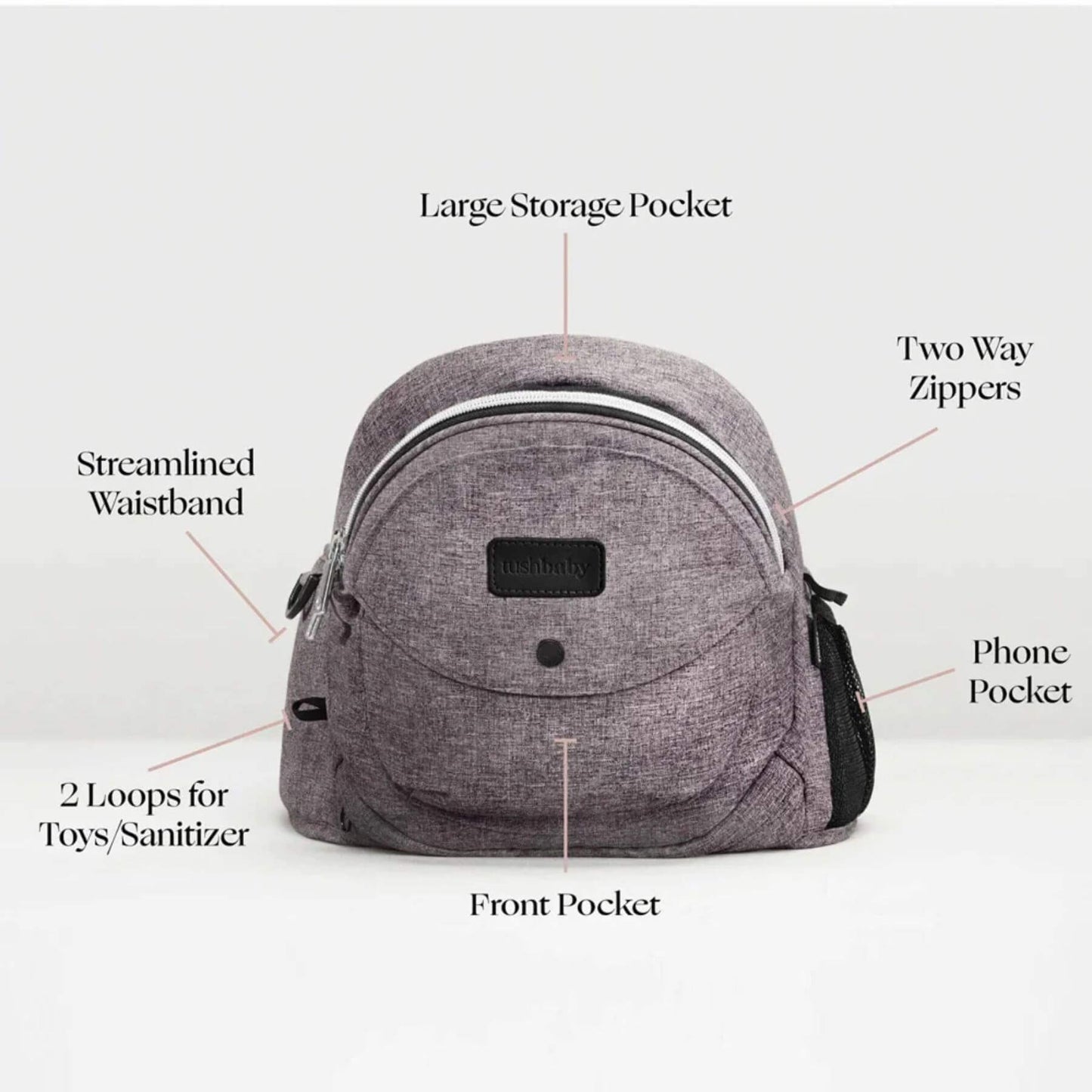 The Tushbaby Hip Carrier - Orchid with labeled features