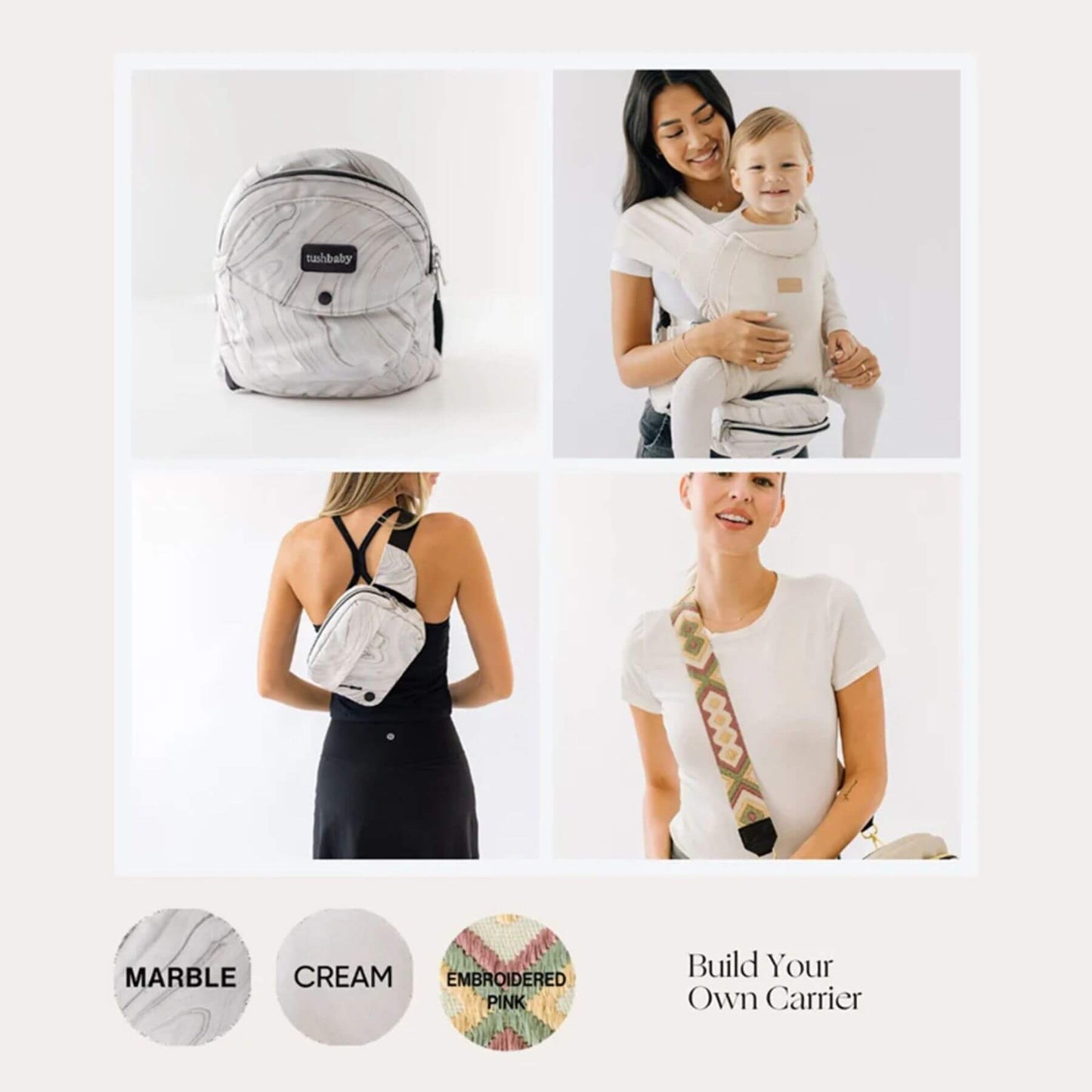 Collage of baby carriers with people using them on a light background