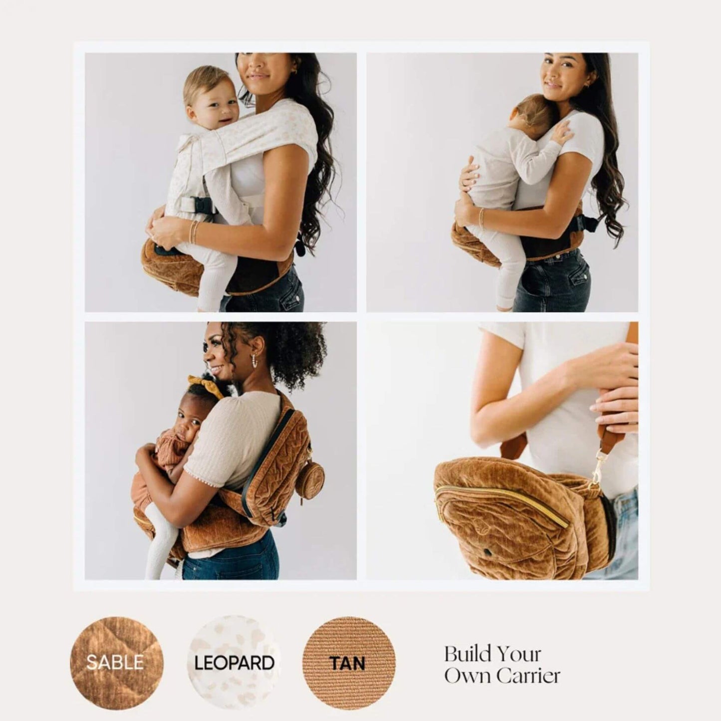 Woman holding a baby in a carrier with color options displayed below.
