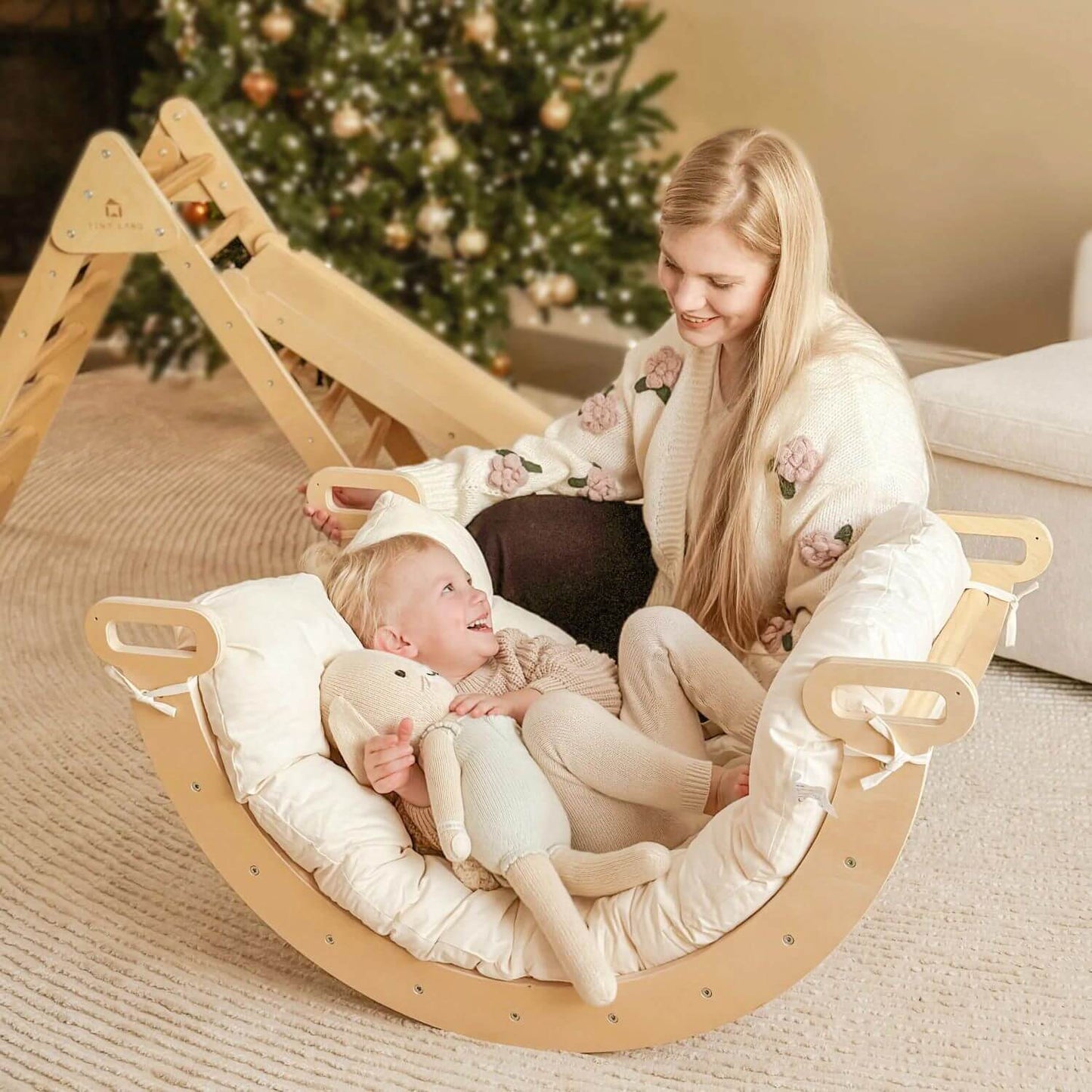 Mom & Girl Lying on Tiny Land® Thick Padded Play Cushion in Arch