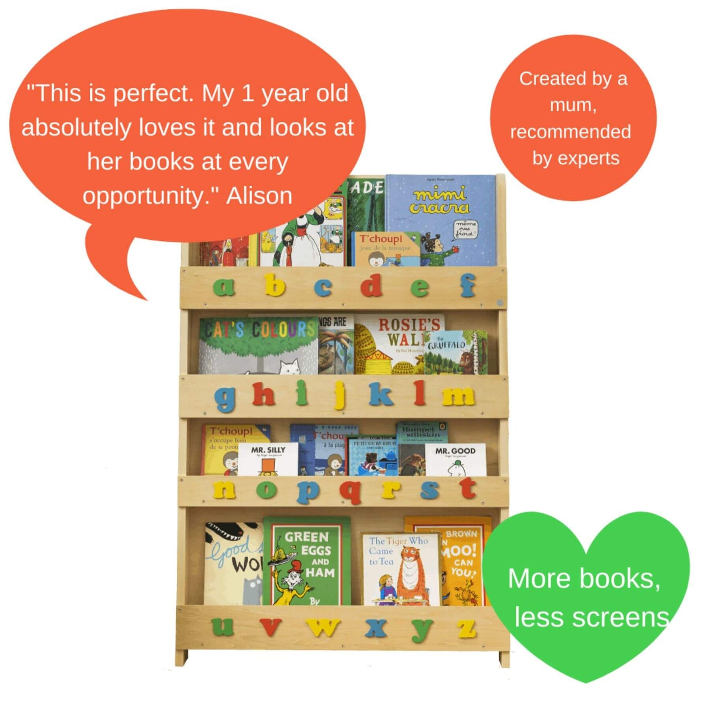 Tidy Books Bookcase With Alphabet Natural with Rainbow letters - Detail