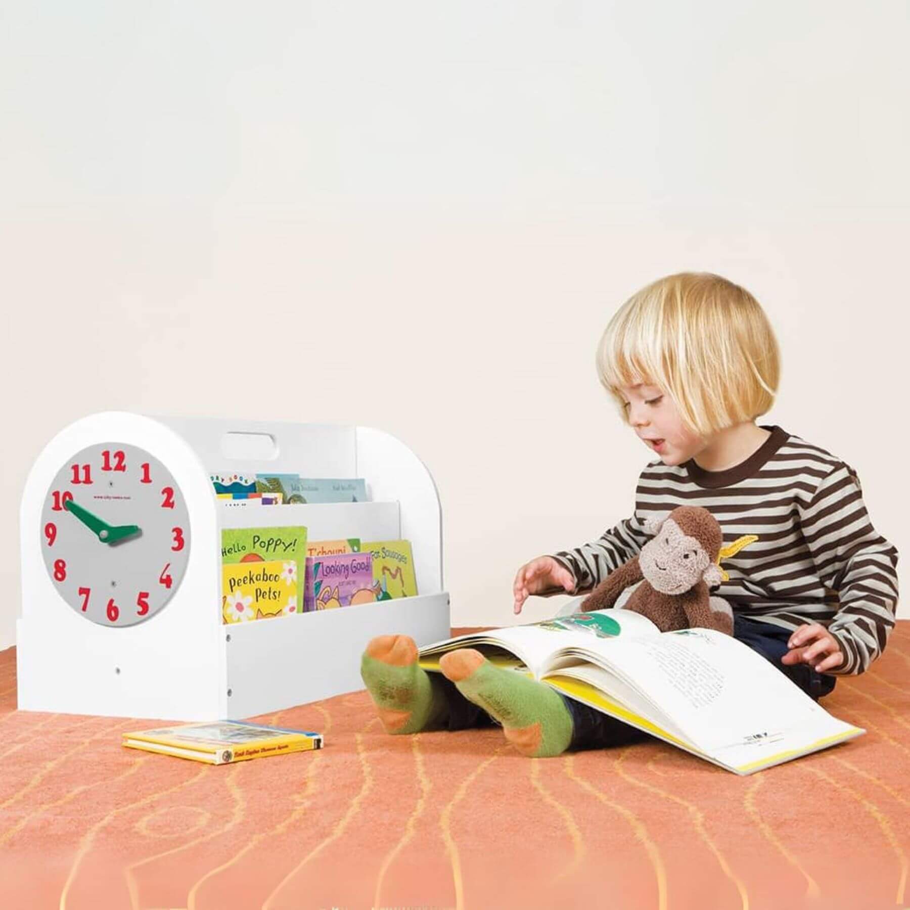 Tidy Books Clock Design Kids Book Storage Box White - Lifestyle