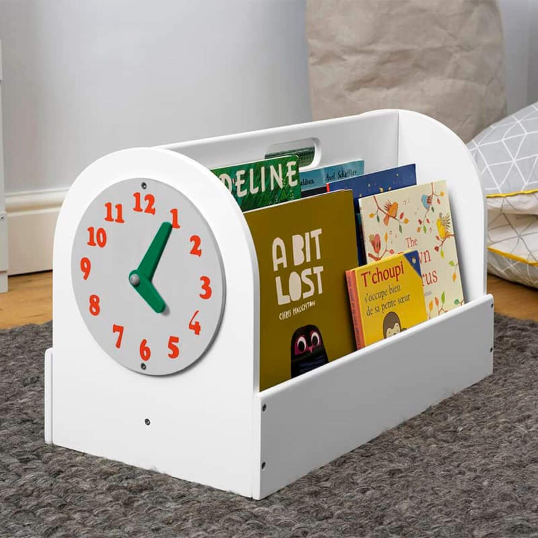 Tidy Books Clock Design Kids Book Storage Box White - Lifestyle