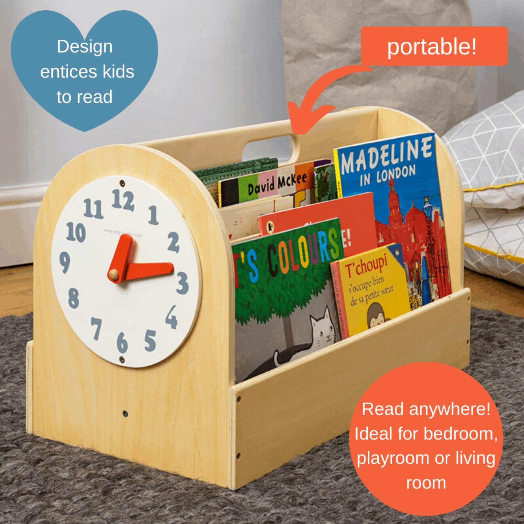 Tidy Books Clock Design Kids Book Storage Box Natural - Detail