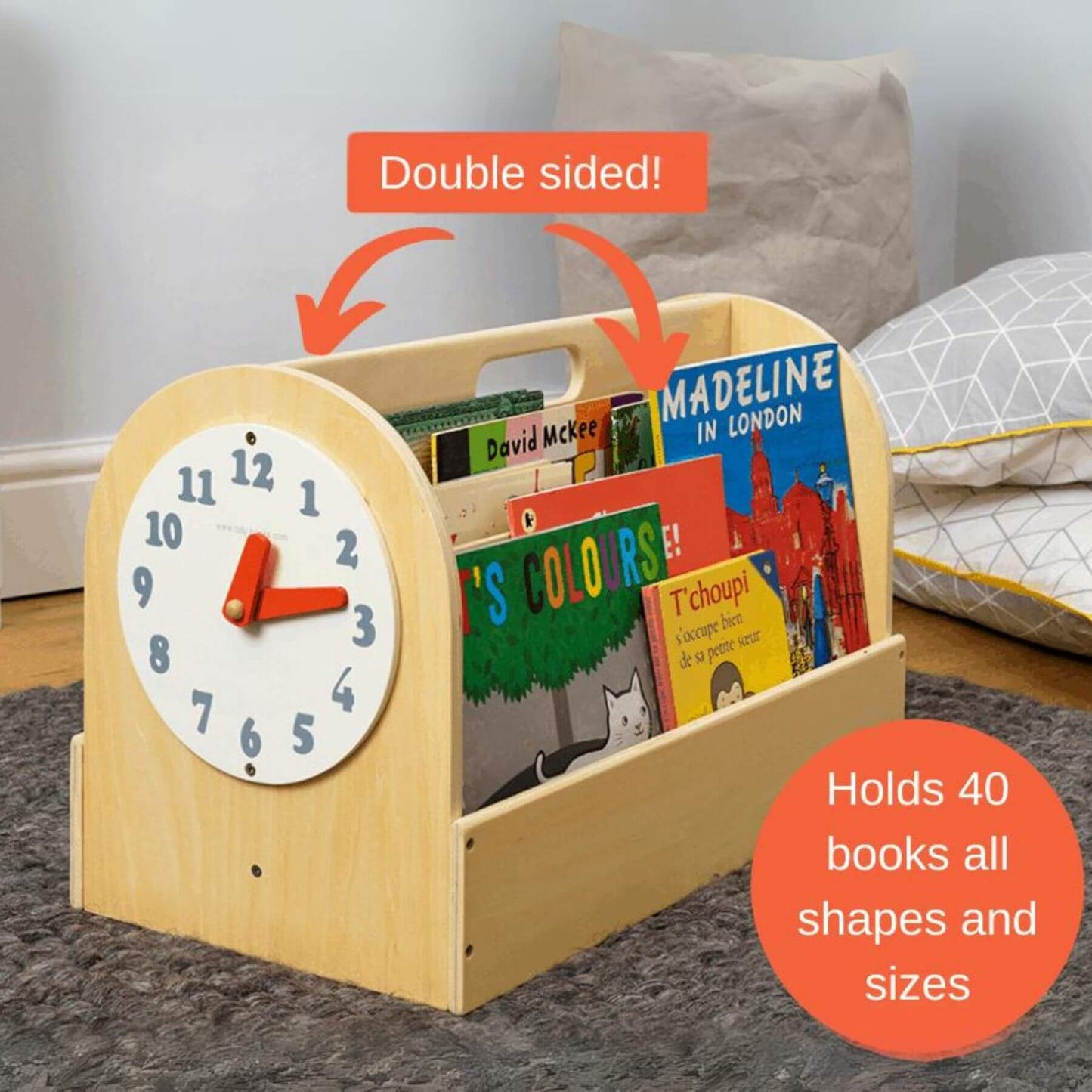 Tidy Books Clock Design Kids Book Storage Box Natural - Detail