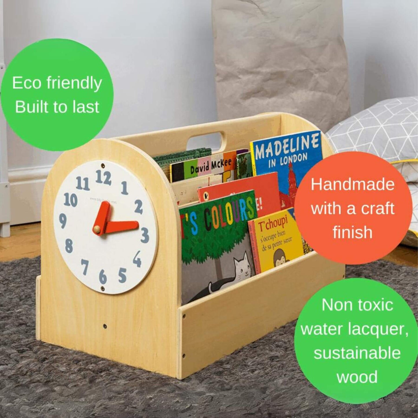 Tidy Books Clock Design Kids Book Storage Box Natural - Detail