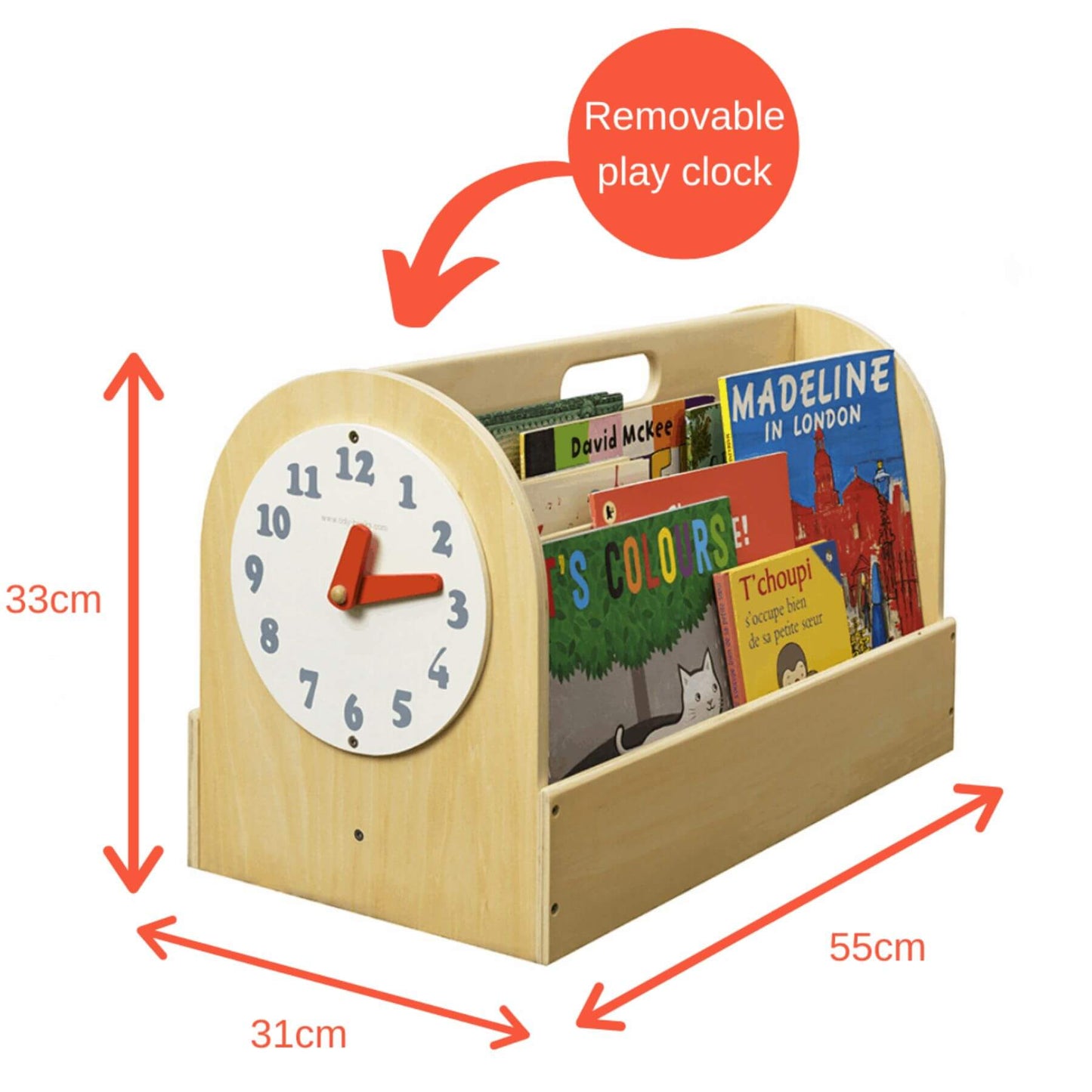 Tidy Books Clock Design Kids Book Storage Box Natural - Dimensions