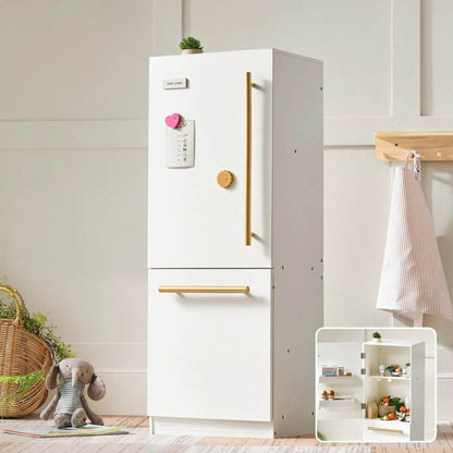 Tiny Land® Cabinet Play Fridge in a room with a small shelf and toys.