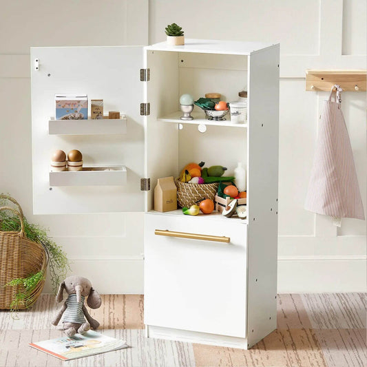 Tiny Land® Cabinet Play Fridge with open door displaying various items in a room.