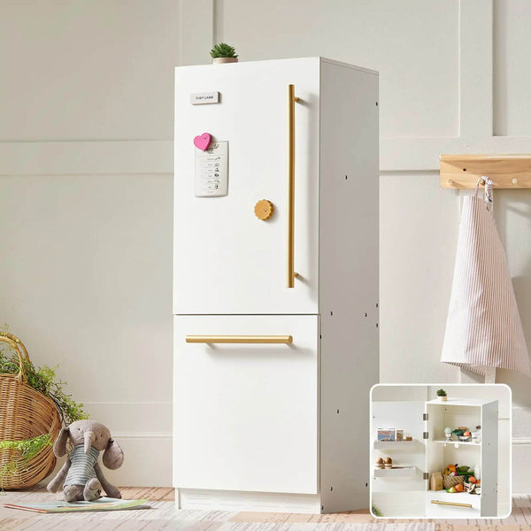 Tiny Land® Cabinet Play Fridge in a room with a small shelf and toys.