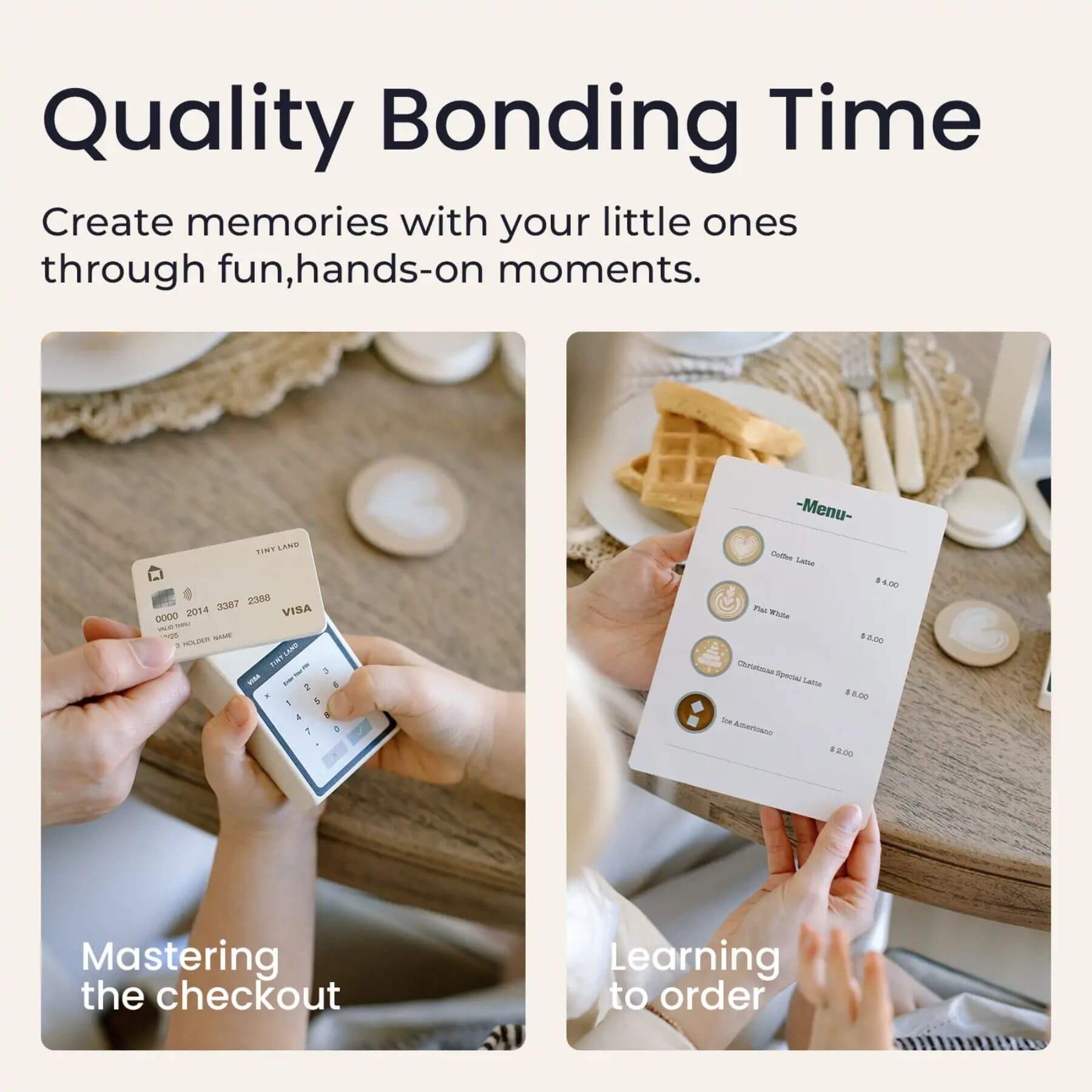 Two images showing hands interacting with cards and a menu at a table, with text about quality bonding time.