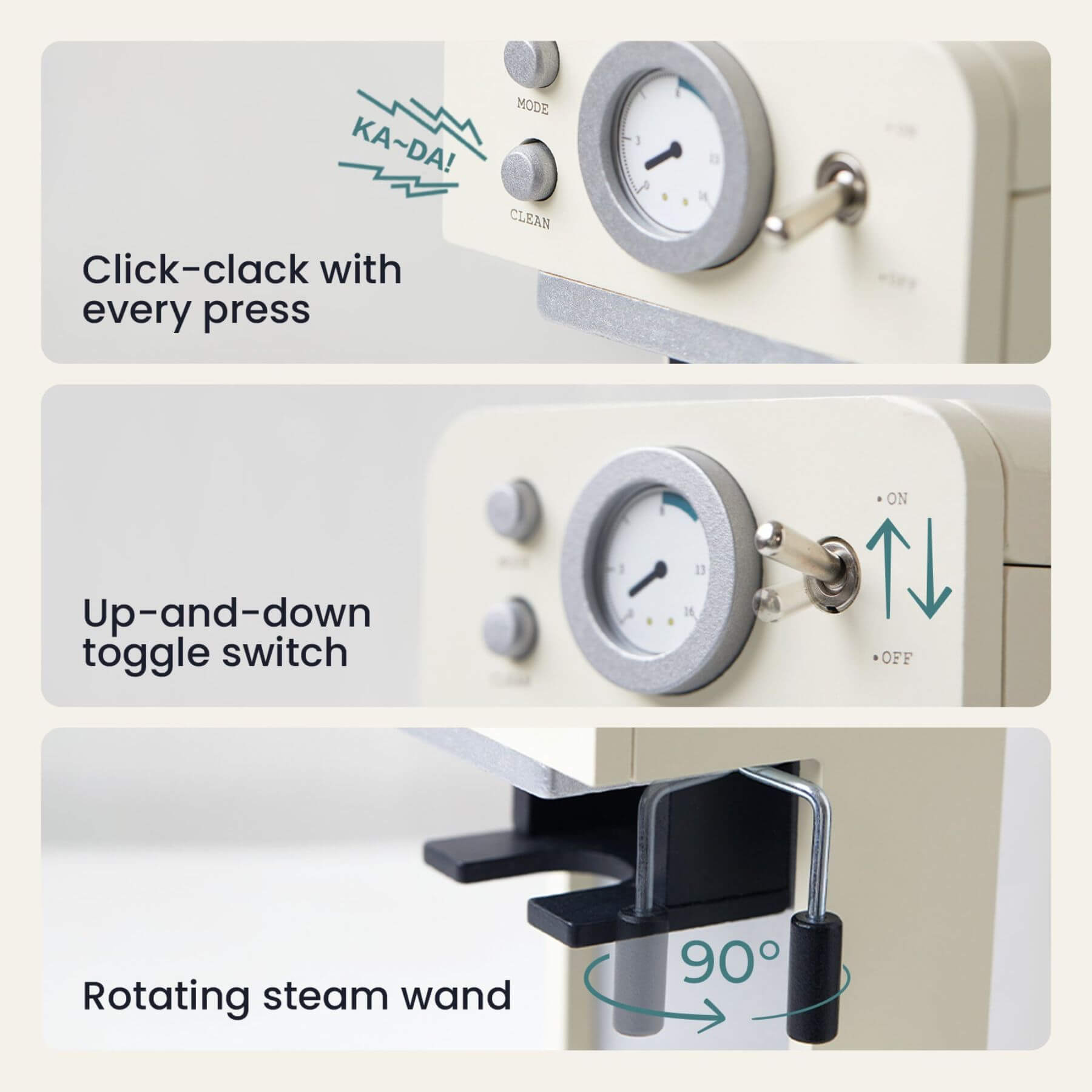 Tiny Land® Children’s Coffee Maker with features highlighted: click-clack, toggle switch, and rotating steam wand.