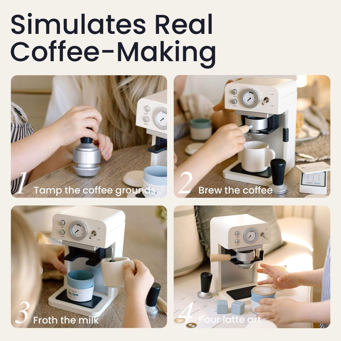Step-by-step process of making coffee using Tiny Land® Children’s Coffee Maker with text 'Simulates Real Coffee-Making'.