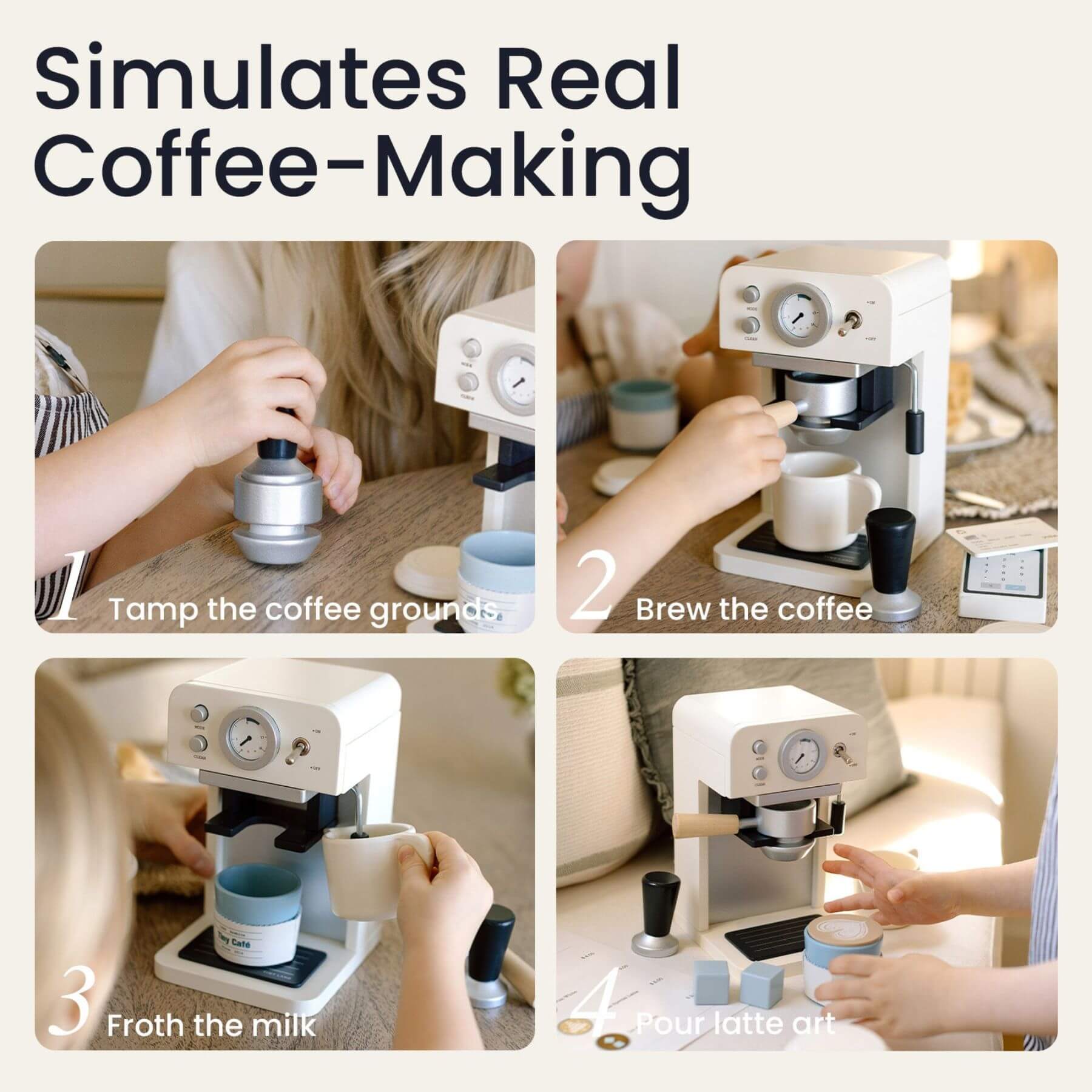Step-by-step process of making coffee using Tiny Land® Children’s Coffee Maker with text 'Simulates Real Coffee-Making'.