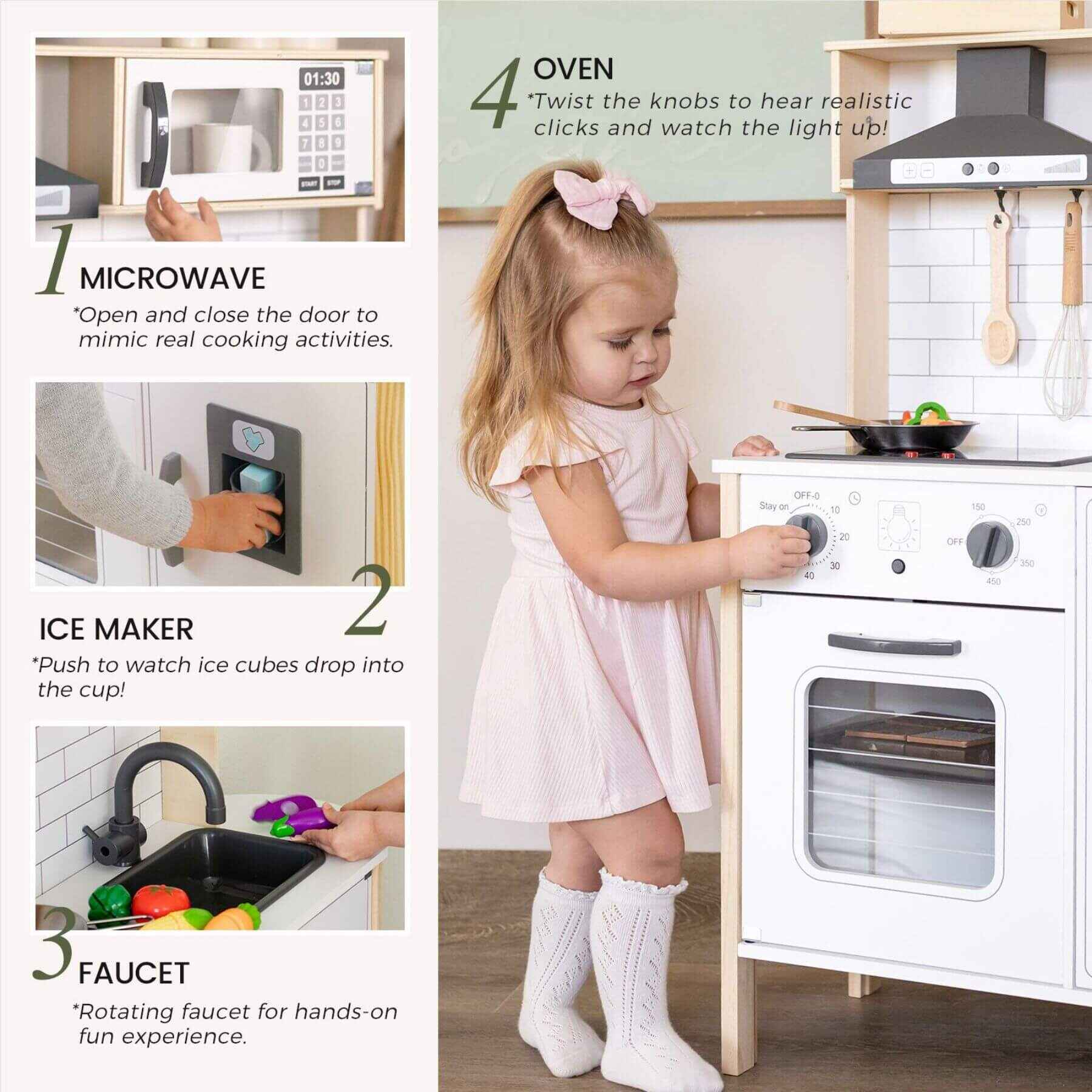 Child playing with a toy kitchen set, including a microwave, oven, ice maker, and faucet.