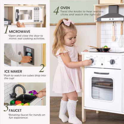 Child playing with a toy kitchen set, including a microwave, oven, ice maker, and faucet.