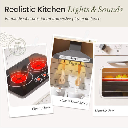 Realistic kitchen appliances with glowing stove, light-up oven, and sound effects on a white background.